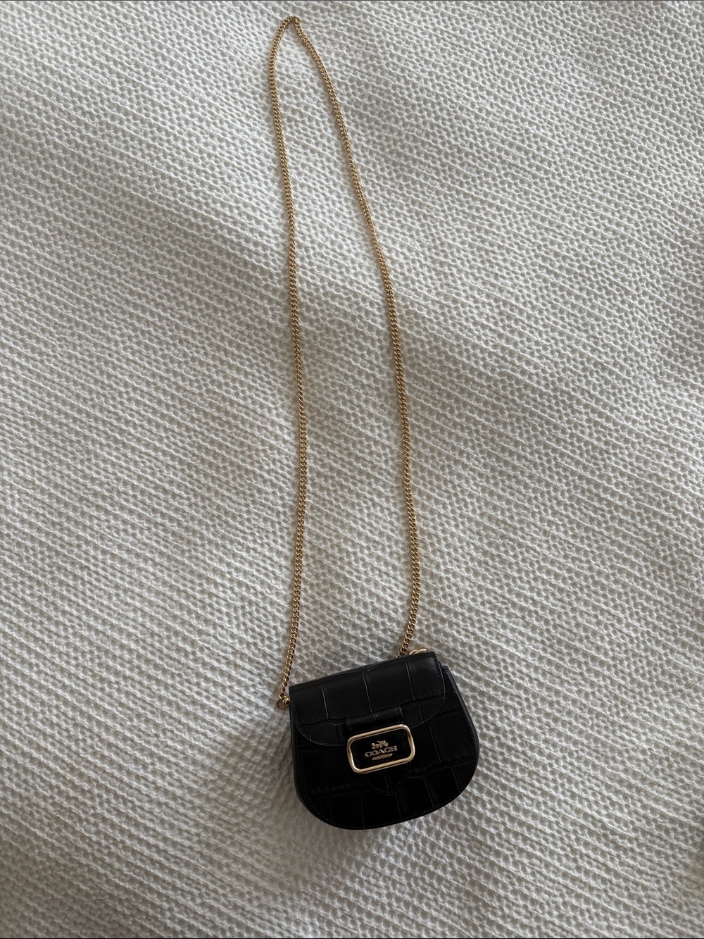 Coach Black Croc-Embossed Mini Saddle Bag with Gold Chain Strap